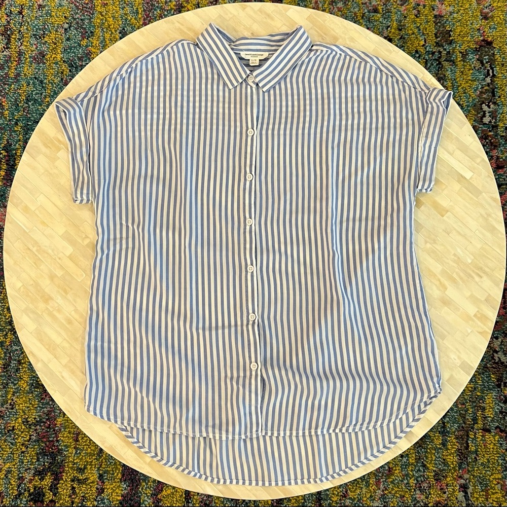Blue and White Stripe Button Up Cap Sleeve Shirt